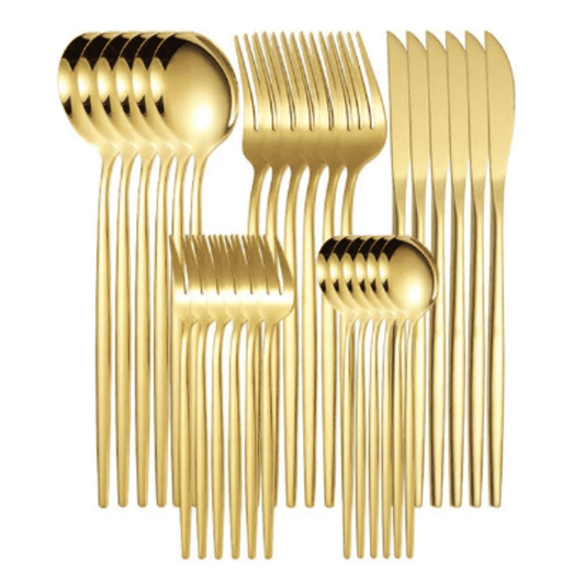 Conjunto de Talheres Gold de Aço Inoxidável 5/30 Peças ideal para Jantares Mesa Posta Convidados e Banquetes  | Loja Bosque