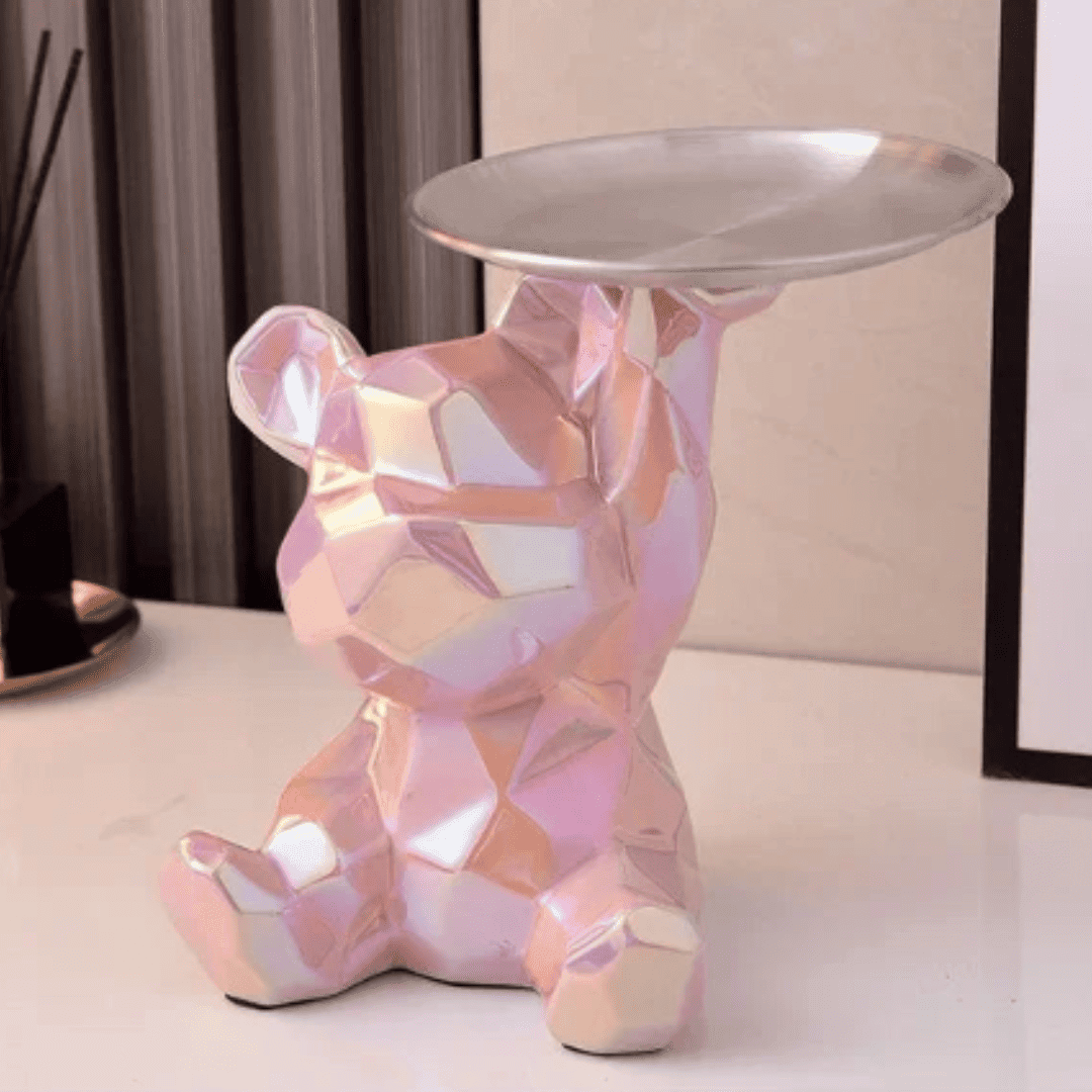 Estátua Geométrica de Urso com Bandeja de Armazenamento – Elegância e Funcionalidade para Sua Decoração  | Loja Bosque