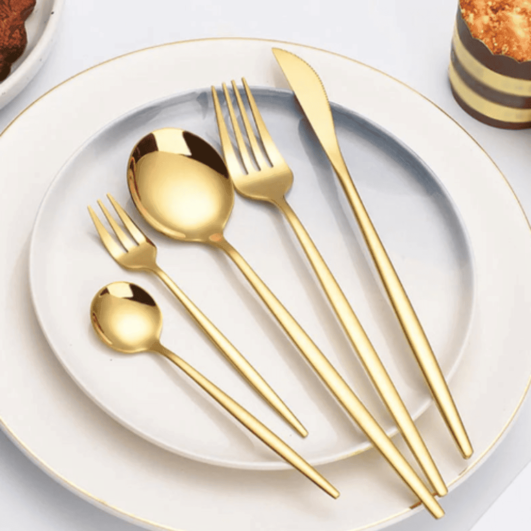 Conjunto de Talheres Gold de Aço Inoxidável 5/30 Peças ideal para Jantares Mesa Posta Convidados e Banquetes  | Loja Bosque