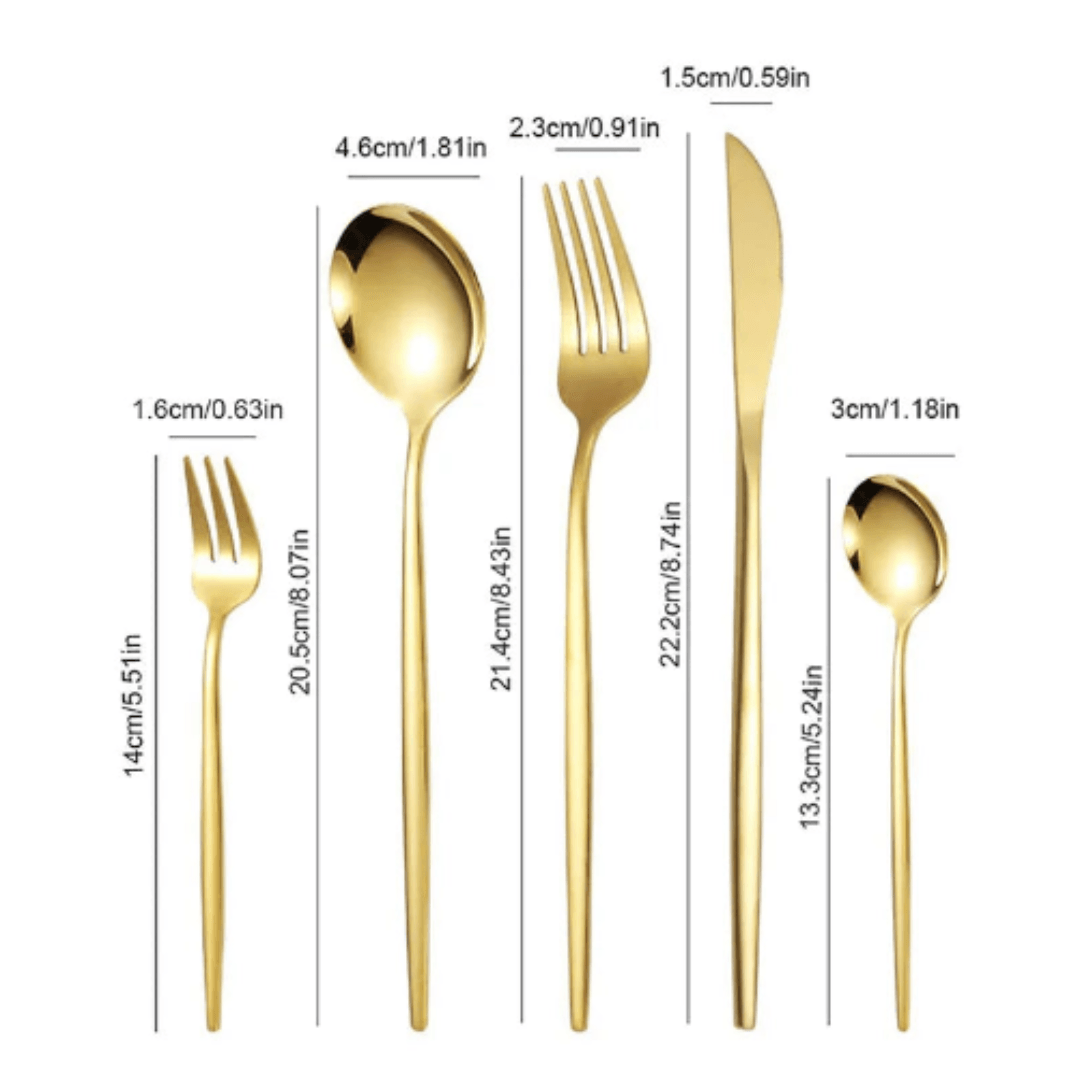 Conjunto de Talheres Gold de Aço Inoxidável 5/30 Peças ideal para Jantares Mesa Posta Convidados e Banquetes  | Loja Bosque