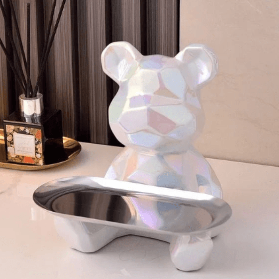 Estátua Geométrica de Urso com Bandeja de Armazenamento – Elegância e Funcionalidade para Sua Decoração  | Loja Bosque