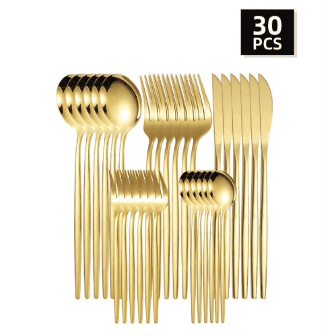 Conjunto de Talheres Gold de Aço Inoxidável 5/30 Peças ideal para Jantares Mesa Posta Convidados e Banquetes  | Loja Bosque