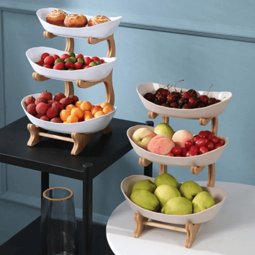 Fruteira com Prato de Bambu - Três Camadas para Fruta | Loja Bosque