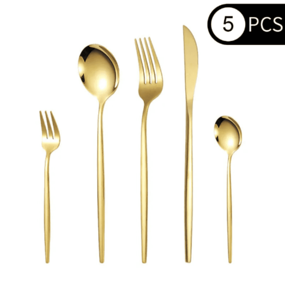 Conjunto de Talheres Gold de Aço Inoxidável 5/30 Peças ideal para Jantares Mesa Posta Convidados e Banquetes  | Loja Bosque