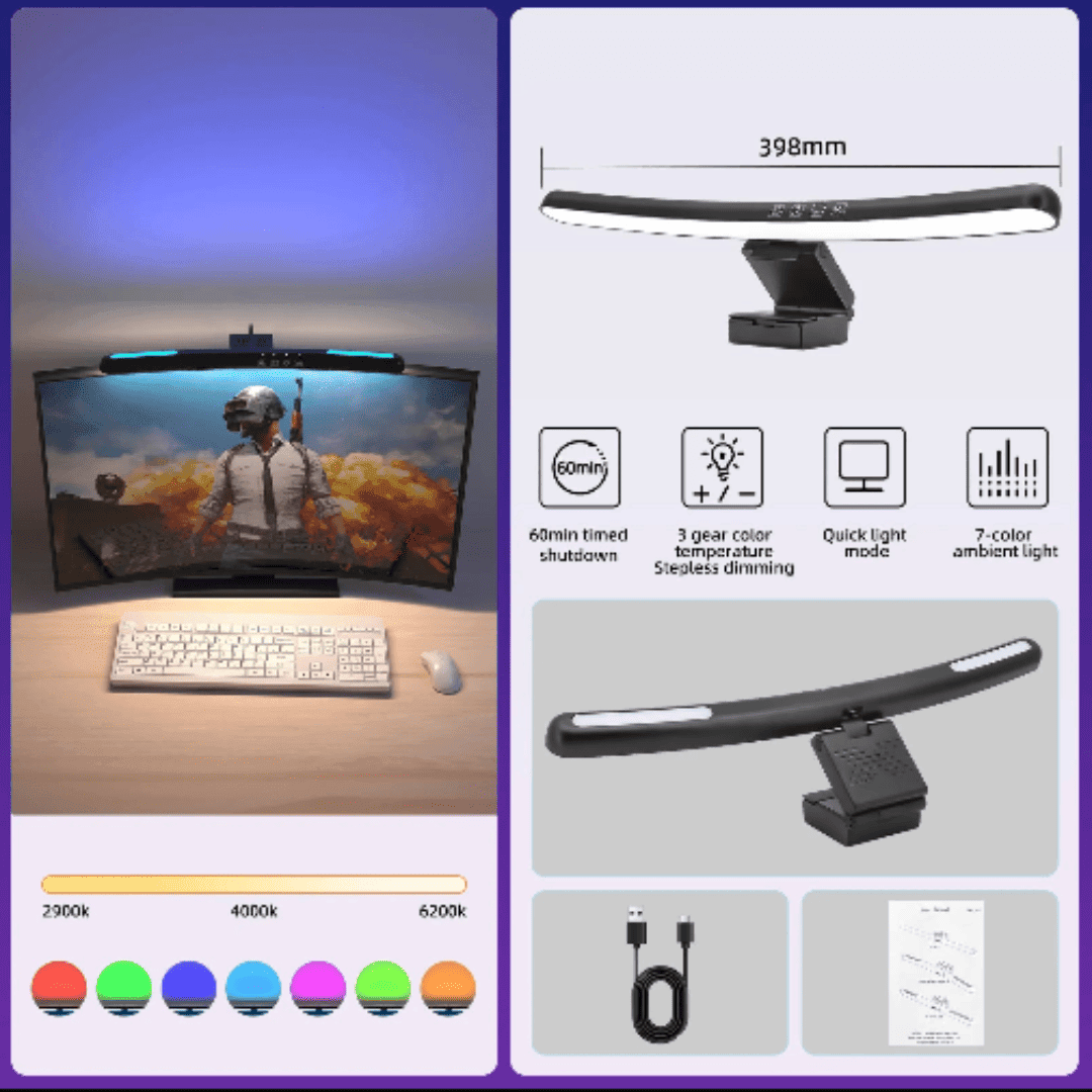 Luminária LED para Monitor Reto e Curvado 252mm –  7 Cores Ajustáveis para Conforto Visual | Loja Bosque